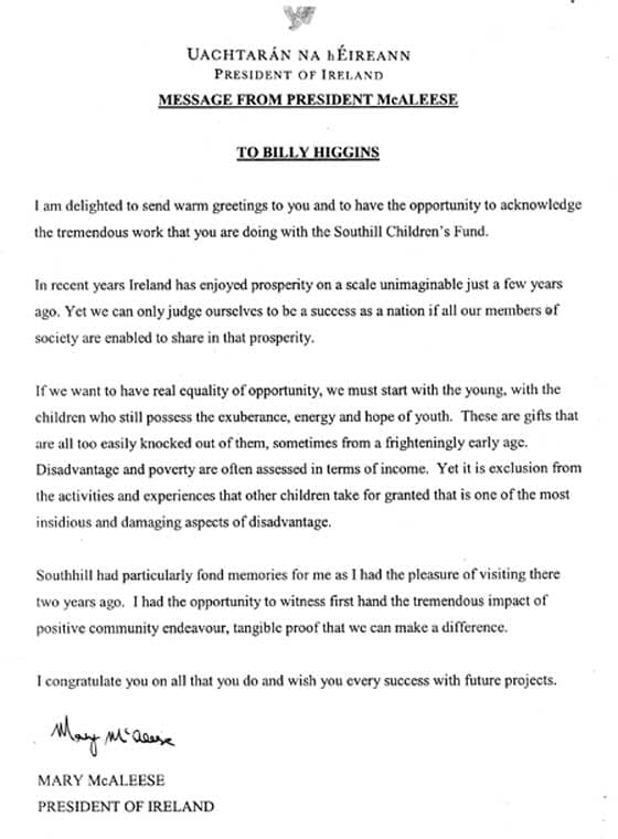 Letter from President of Ireland